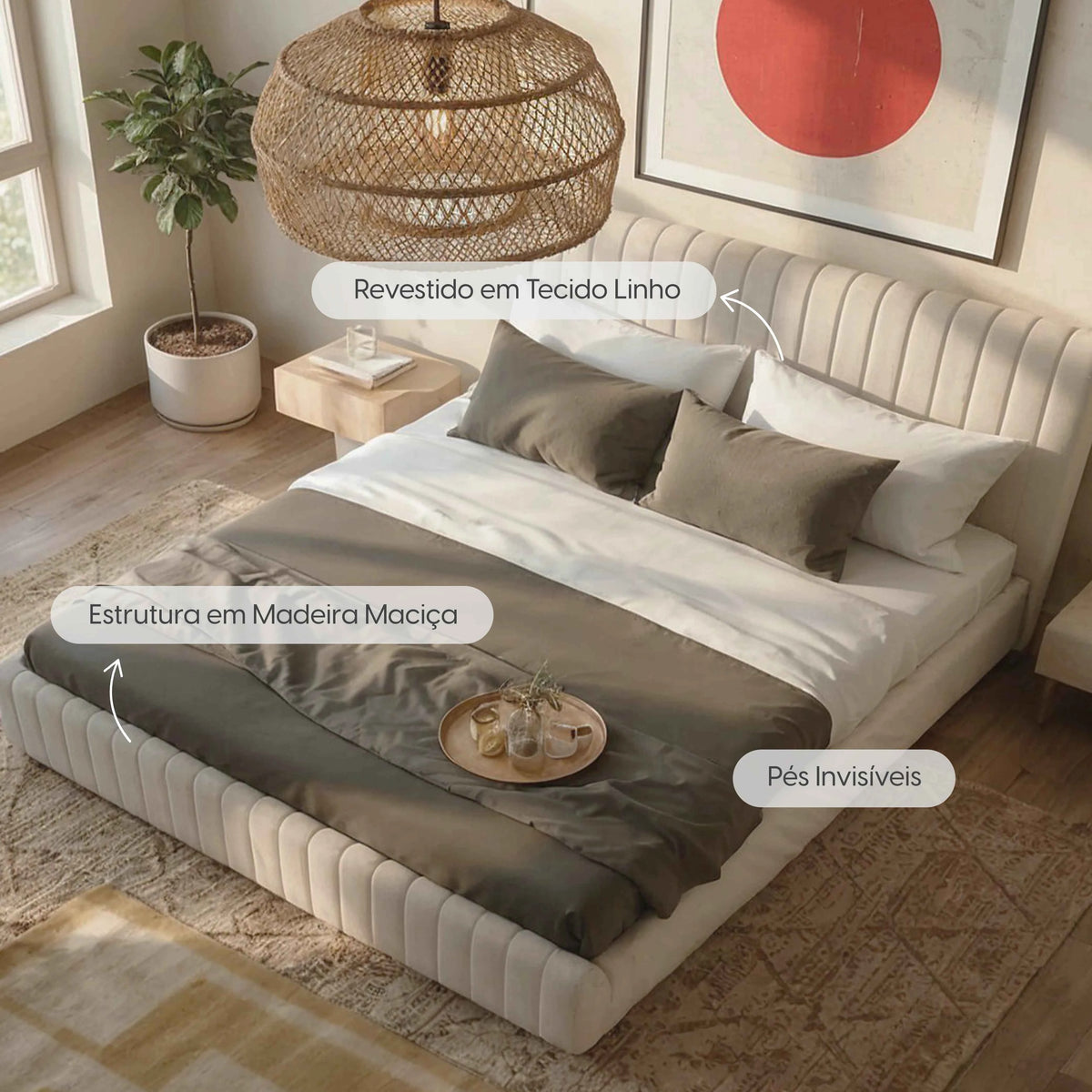 Cama Estofada de Casal com Cabeceira Louise - Linho Off White