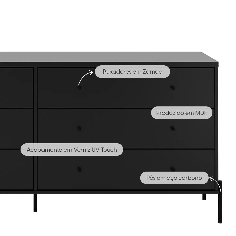Cômoda 6 Gavetas Jasper 182 cm - Preto Fosco – HOMEDOCK