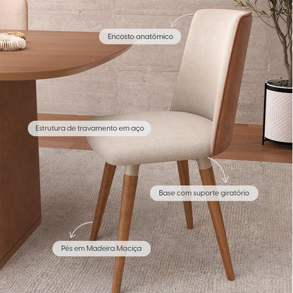 Conjunto de 2 Cadeiras Giratória de Madeira Maciça Estofada Dakota - Natural c/ Bouclé Fendi e PU Caramelo - Champanhe