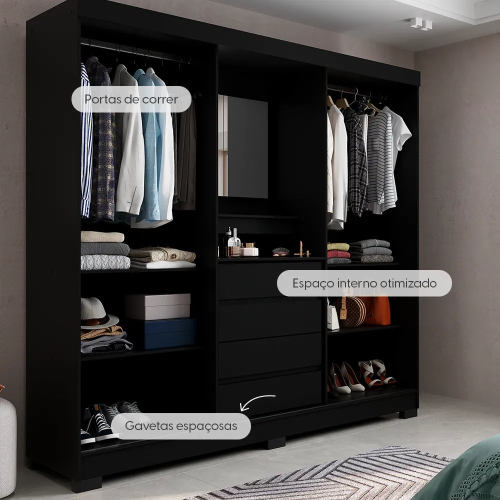 Guarda-Roupa Casal com Espelho 2 Portas de Correr 4 Gavetas Finley 184 cm - Preto