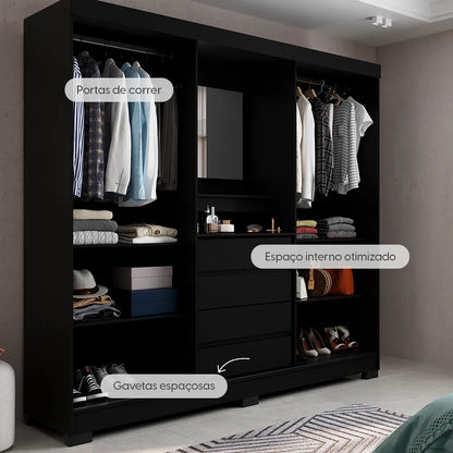 Guarda-Roupa Casal com Espelho 2 Portas de Correr 4 Gavetas Finley 184 cm - Preto