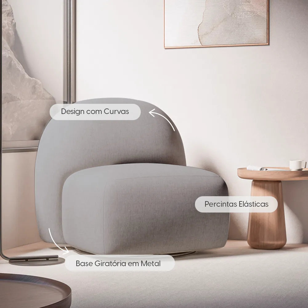 Poltrona Estofada Giratória Aurora - Linho Texturizado Cinza