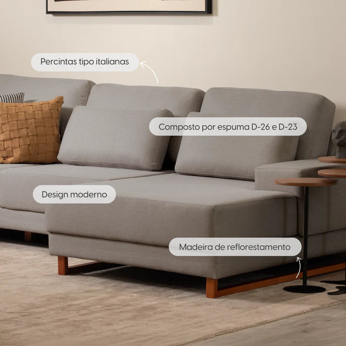 Conjunto Sala de Estar Rack para TV até 75” Aspen - Sofá 6 Lugares com Chaise Lado Direito Mônaco
