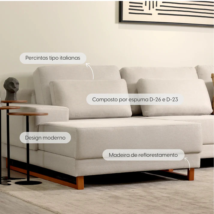 Conjunto Sala de Estar Rack para TV até 75” Flynt - Sofá 6 Lugares com Chaise Lado Esquerdo Mônaco