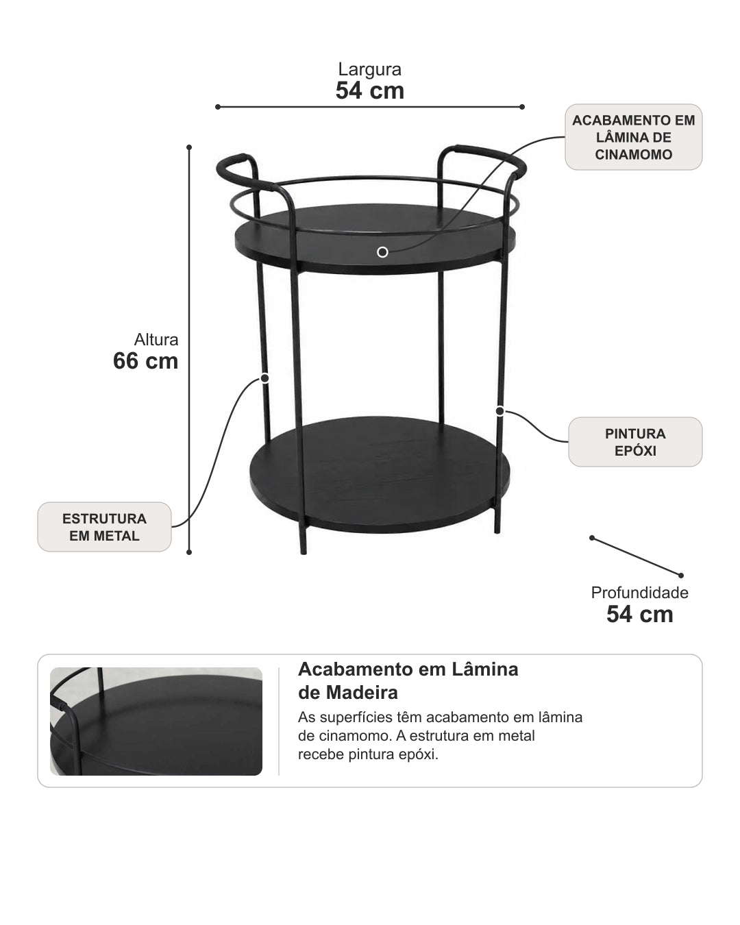 Carrinho Bar Redondo com Tampo em Lâmina de Madeira e pés em Metal Biophilia 54 cm - Preto