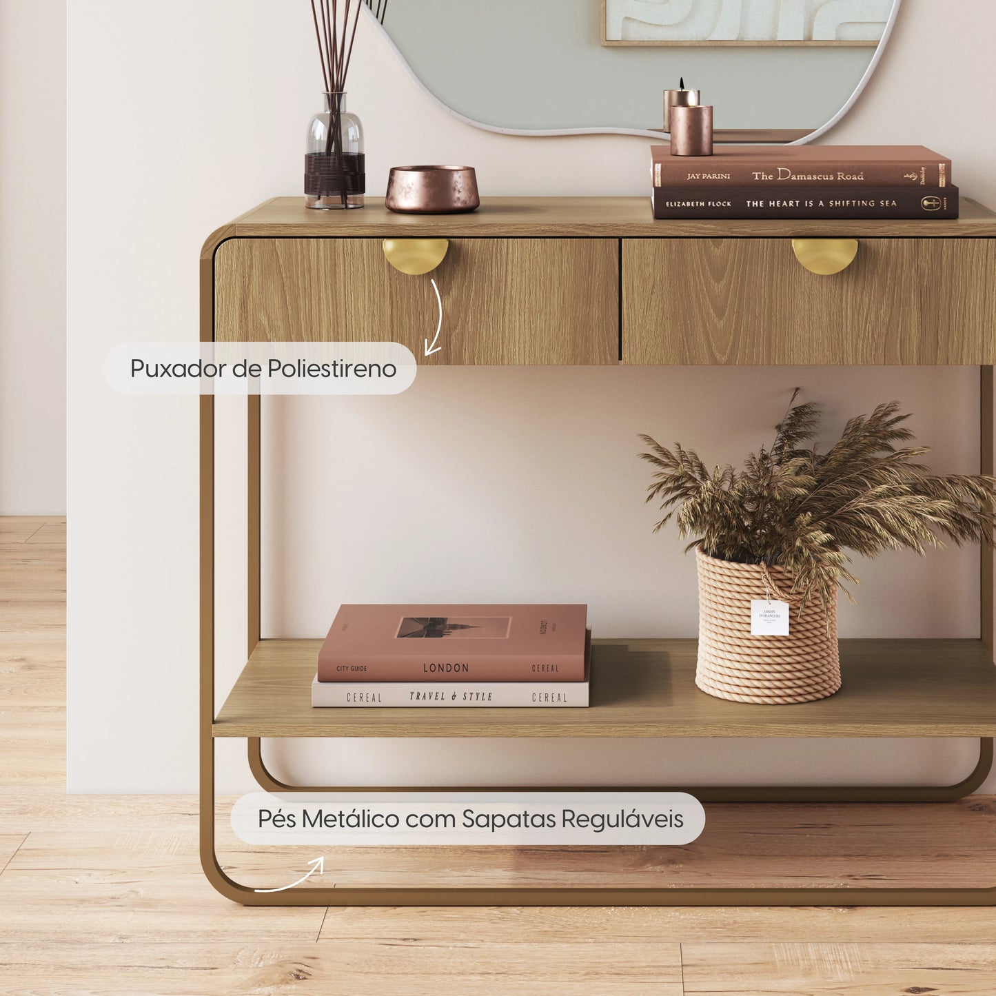 Aparador com 2 Gavetas Dunna 100 cm - Mel c/ Dourado