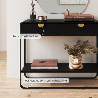 Aparador com 2 Gavetas Dunna 100 cm - Preto c/ Dourado