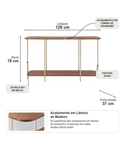 Aparador com Tampo em Lâmina de Madeira e pés em Metal Biophilia 120 cm - Mel c/ Champanhe