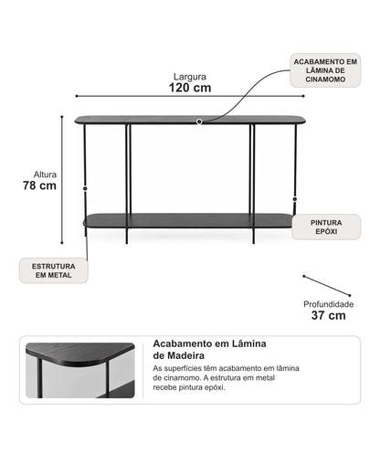 Aparador com Tampo em Lâmina de Madeira e pés em Metal Biophilia 120 cm - Preto
