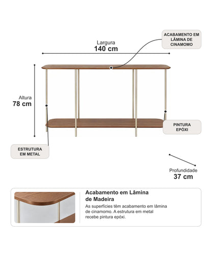 Aparador com Tampo em Lâmina de Madeira e pés em Metal Biophilia 140 cm - Mel c/ Champanhe