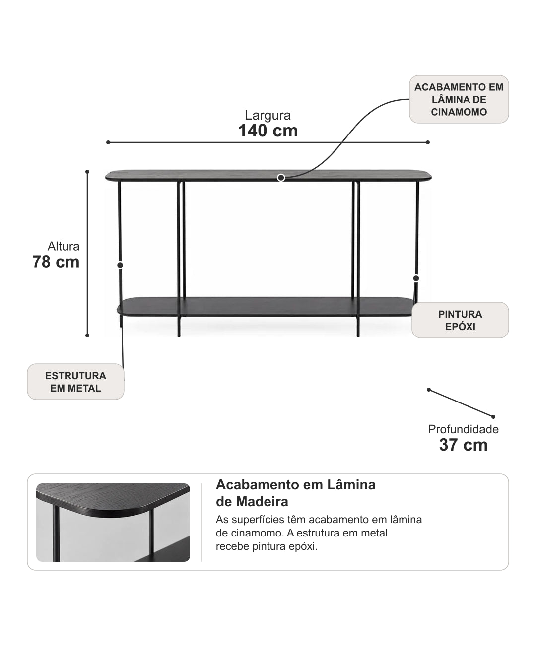 Aparador com Tampo em Lâmina de Madeira e pés em Metal Biophilia 140 cm - Preto