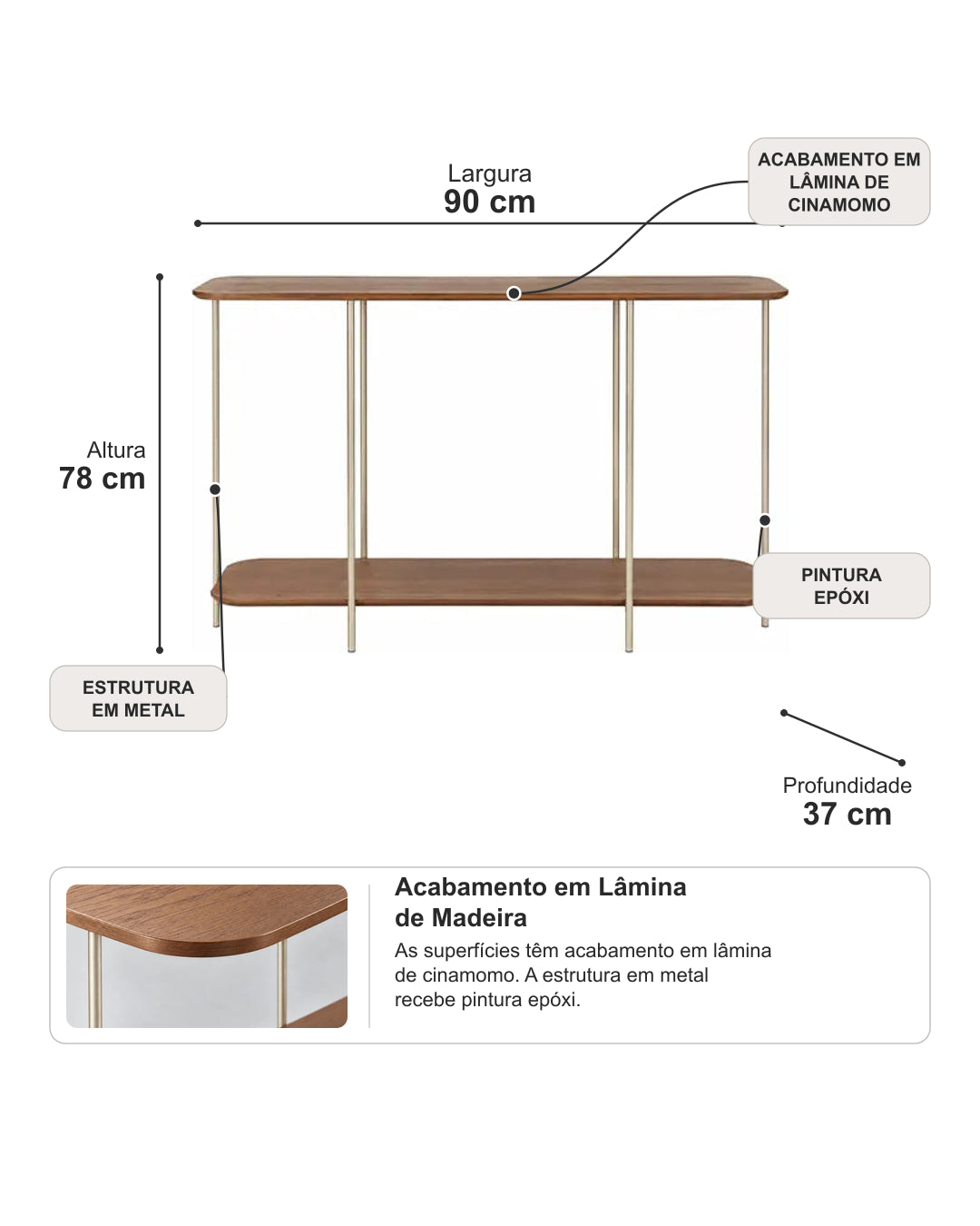 Aparador com Tampo em Lâmina de Madeira e pés em Metal Biophilia 90 cm - Mel c/ Champanhe