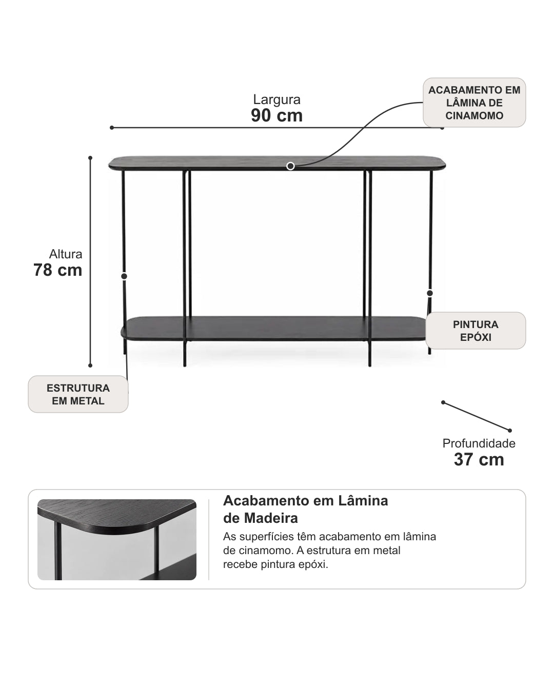 Aparador com Tampo em Lâmina de Madeira e pés em Metal Biophilia 90 cm - Preto