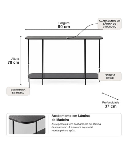 Aparador com Tampo em Lâmina de Madeira e pés em Metal Biophilia 90 cm - Preto