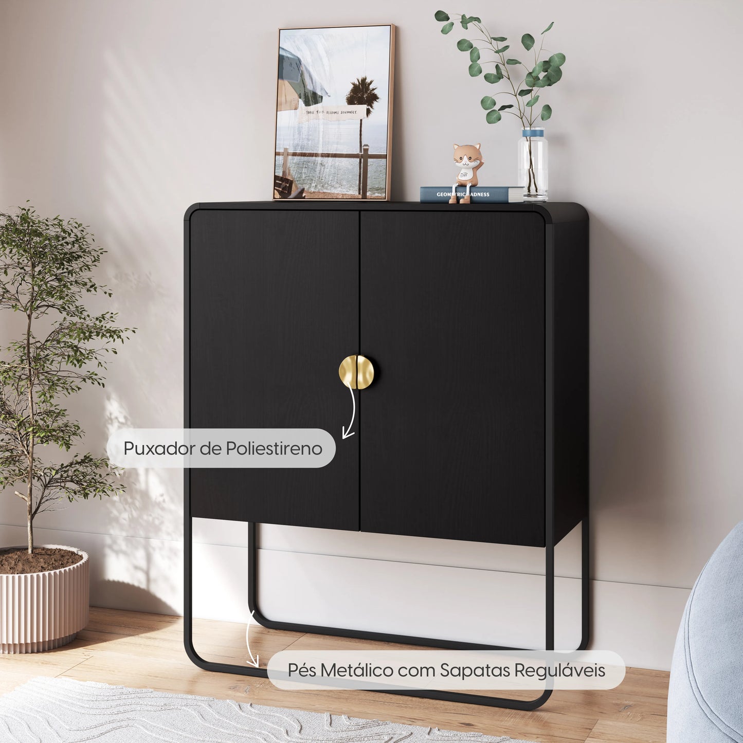 Balcão Buffet 2 Portas Dunna 90 cm - Preto c/ Dourado