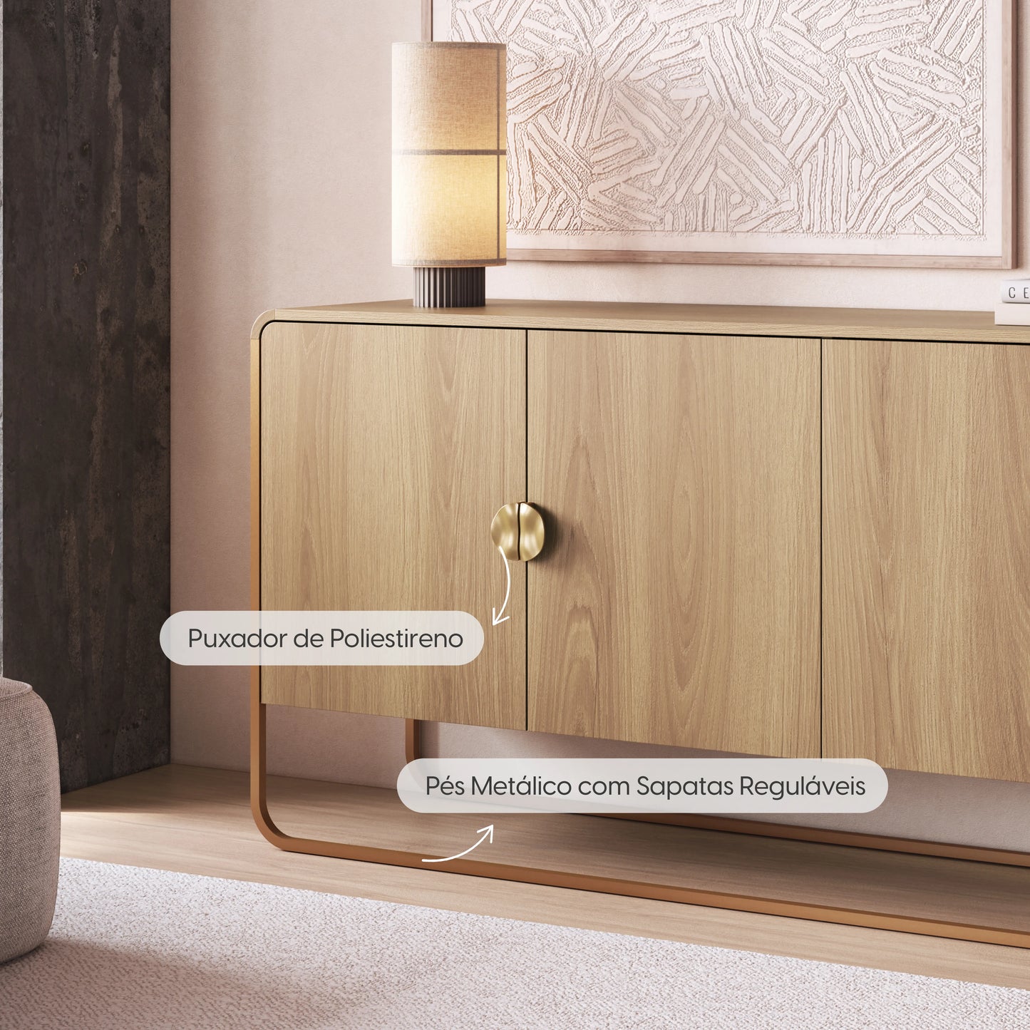 Buffet 4 Portas Dunna 180 cm - Mel c/ Dourado