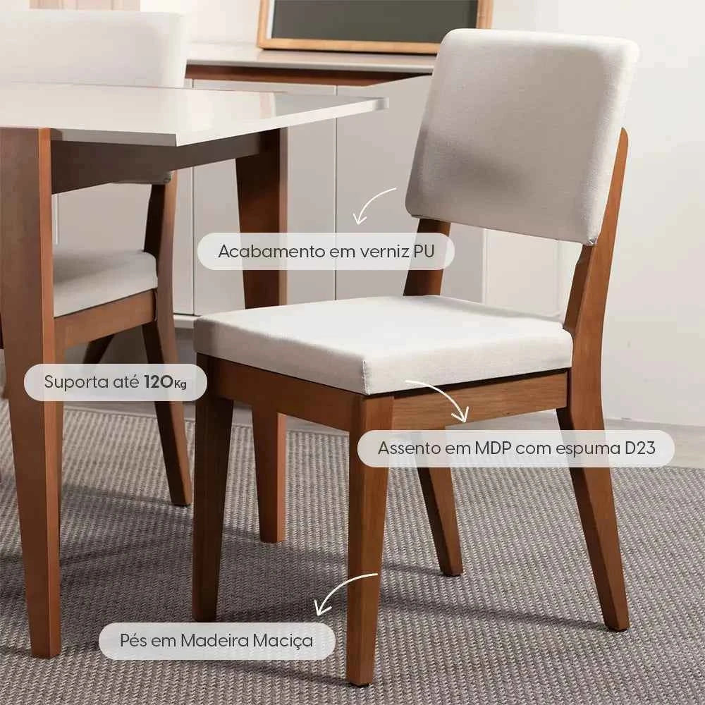 Conjunto de 6 Cadeiras de Madeira Maciça Estofada Ella - Natural c/ Linho Off White