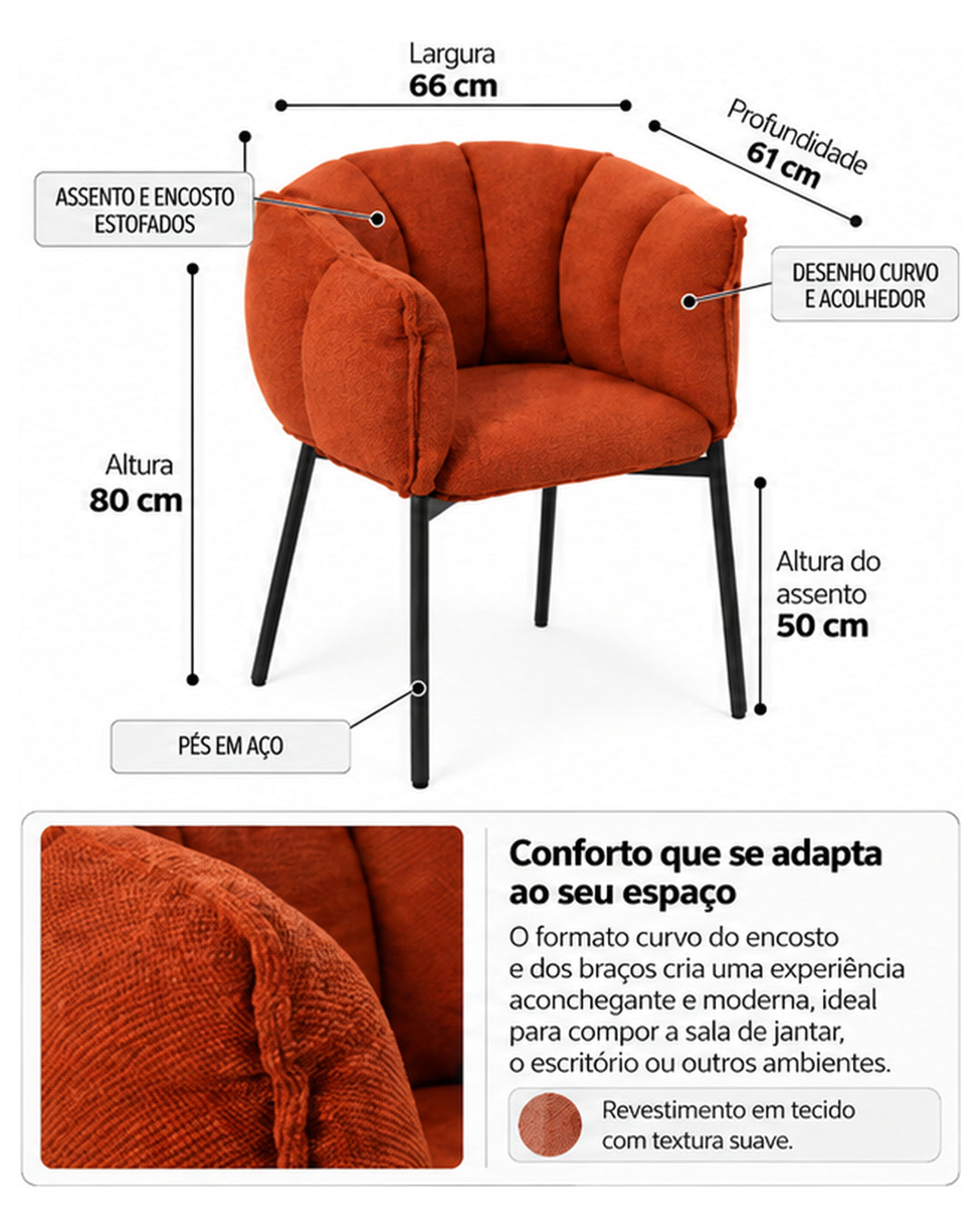 Cadeira de Aço Estofada Bloom - Terracota
