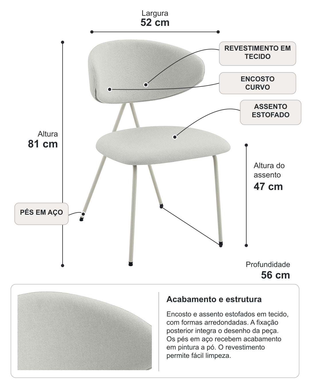 Cadeira de Aço Estofada Elora - Off White