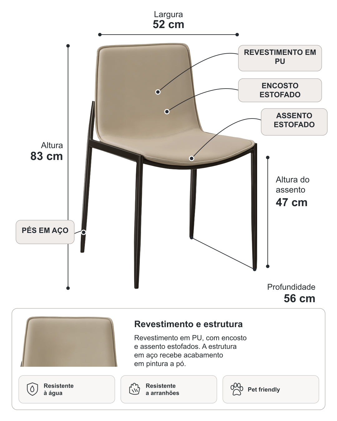 Cadeira de Aço Estofada Kora - Fendi