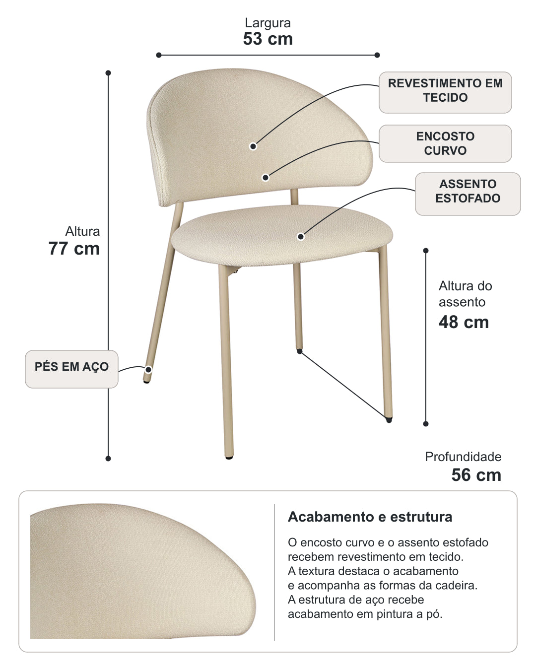 Cadeira de Aço Estofada Liora - Off White