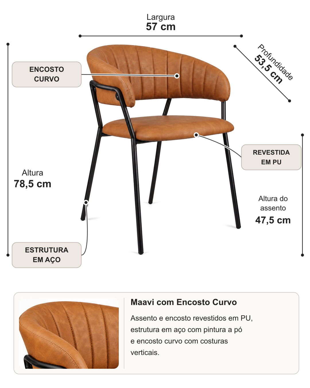 Cadeira de Aço Estofada Maavi - Caramelo