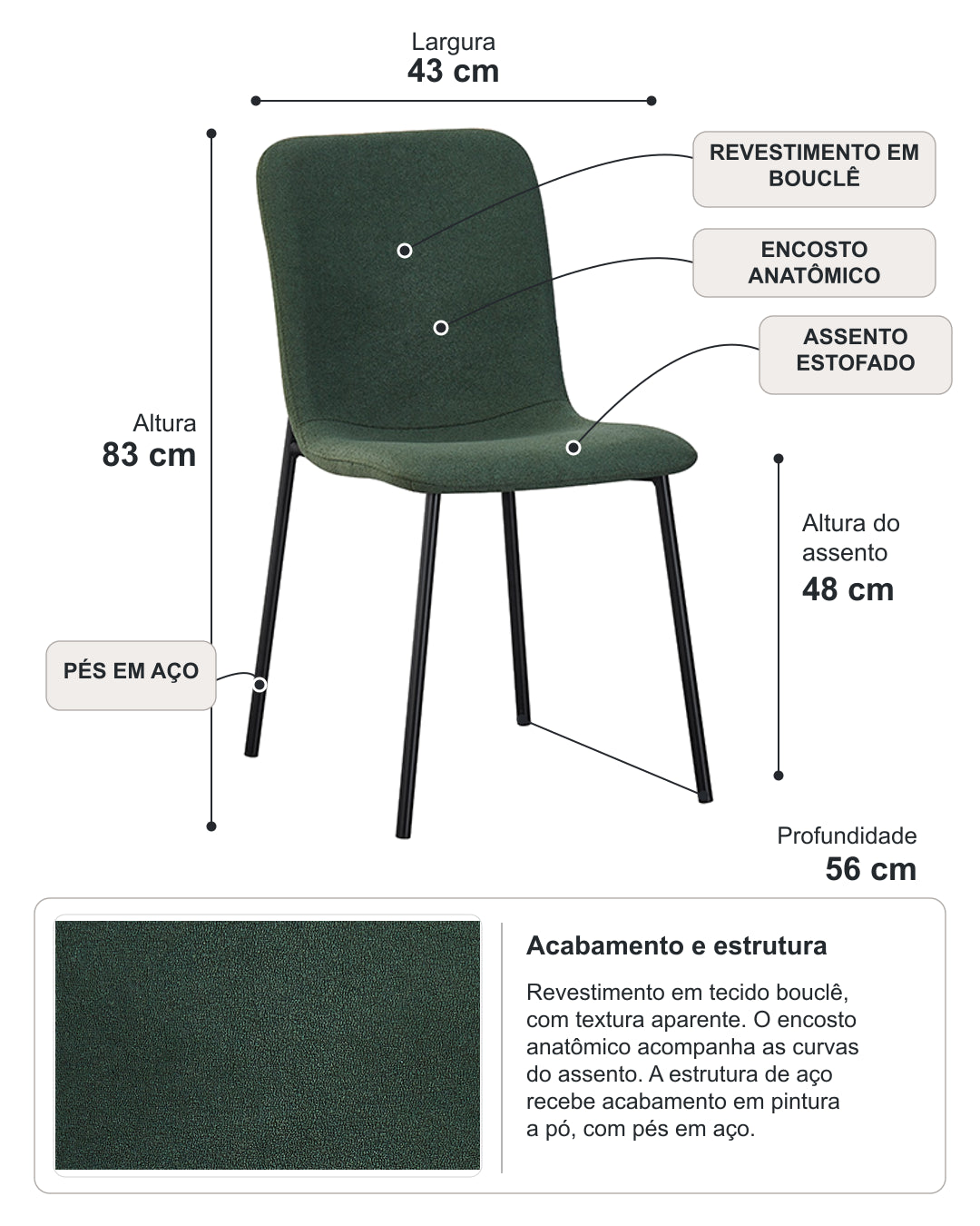 Cadeira de Aço Estofada Millow - Verde