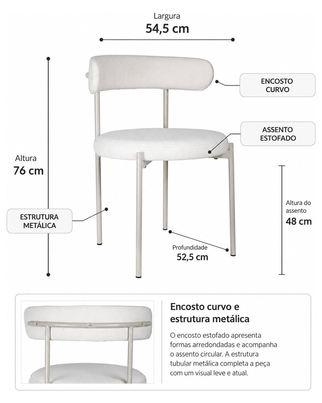 Cadeira de Aço Estofada Olyra - Off White