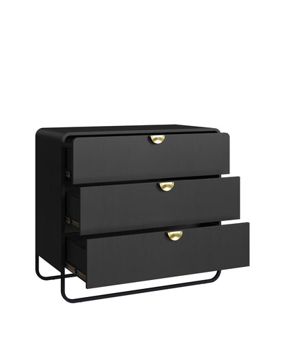 Cômoda 3 Gavetas Pés em Aço Dunna 90 cm - Preto c/ Dourado