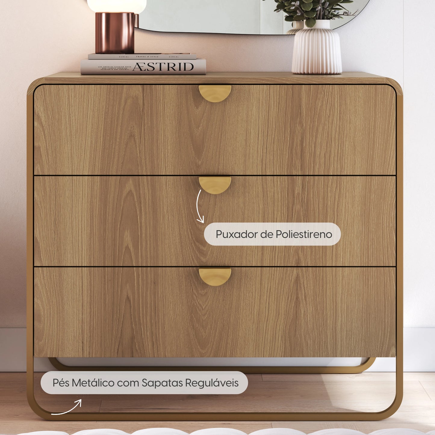 Cômoda com 3 Gavetas Dunna 90 cm - Mel c/ Dourado