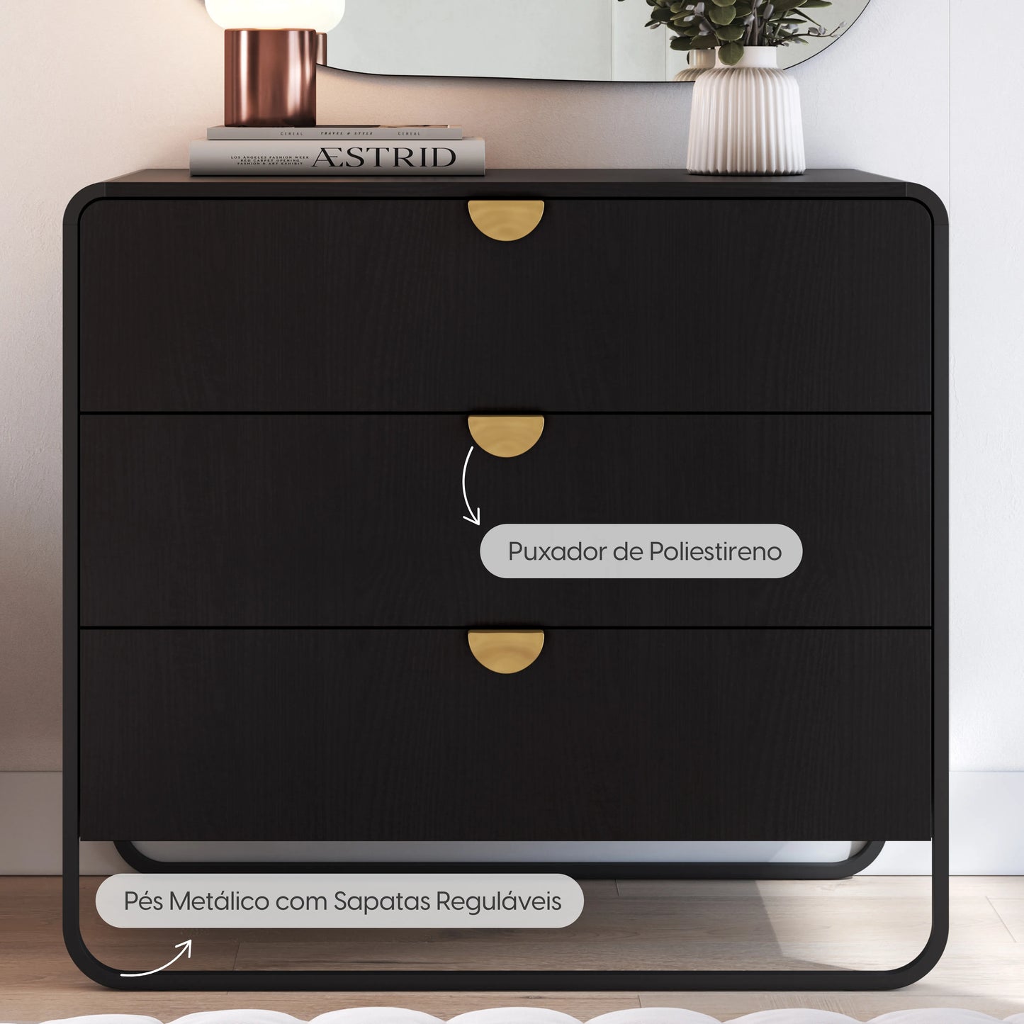 Cômoda com 3 Gavetas Dunna 90 cm - Preto c/ Dourado