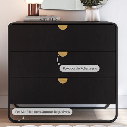 Cômoda com 3 Gavetas Dunna 90 cm - Preto c/ Dourado