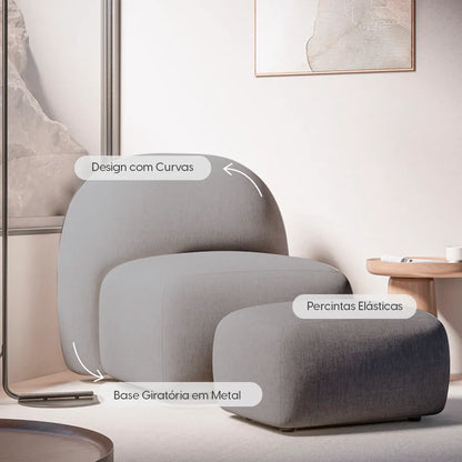 Conjunto Poltrona Giratória e Puff Estofados Aurora - Linho Texturizado Cinza