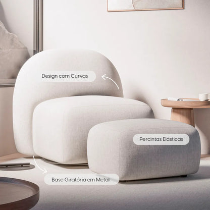 Conjunto Poltrona Giratória e Puff Estofados Aurora - Linho Texturizado Off White