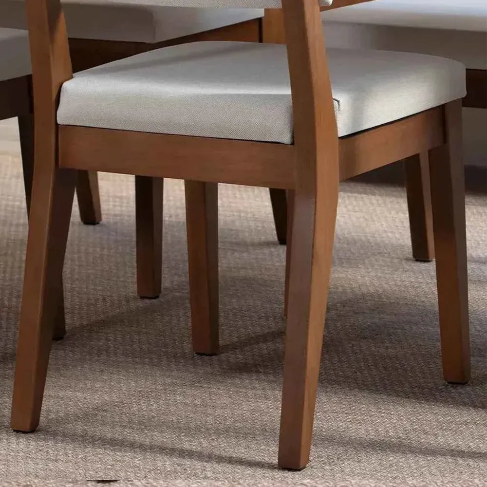 Conjunto com 8 Cadeiras de Madeira Maciça Estofada Ella - Natural c/ Linho Off White