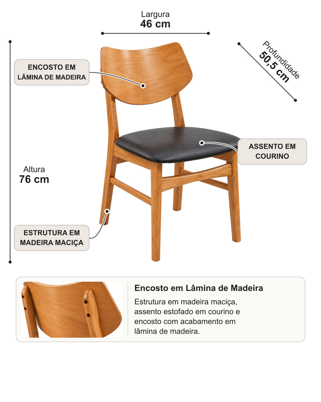 Conjunto de 2 Cadeiras de Madeira Maciça Estofada Noria - Nature c/ Preto