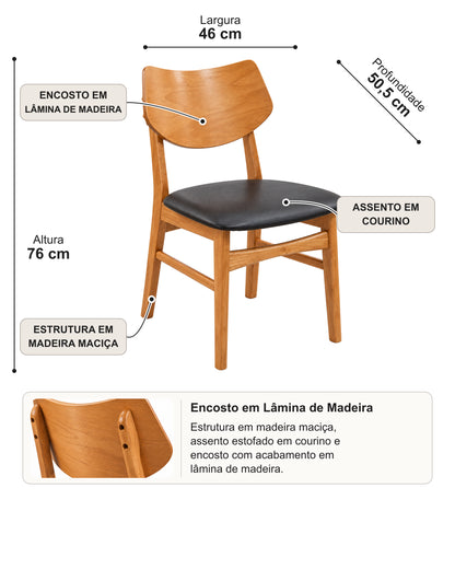 Conjunto de 2 Cadeiras de Madeira Maciça Estofada Noria - Nature c/ Preto