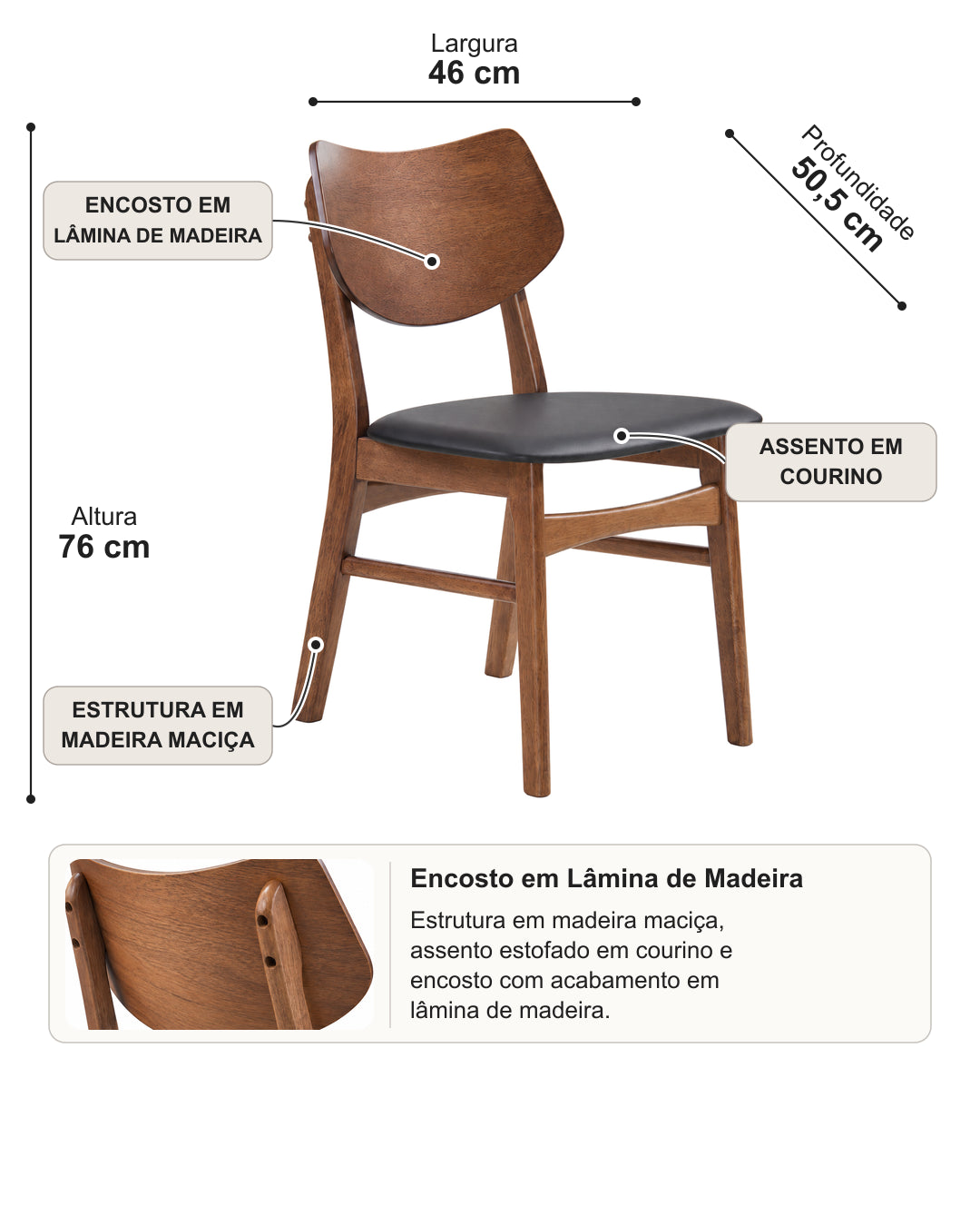 Conjunto de 2 Cadeiras de Madeira Maciça Estofada Noria - Nogueira c/ Preto