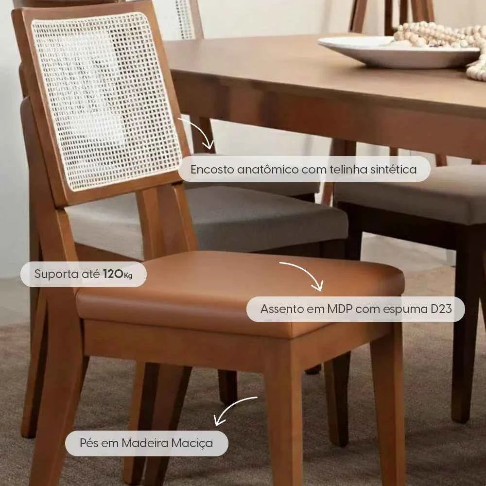 Conjunto de 4 Cadeiras de Madeira Maciça Estofada com Palhinha Saga - Natural c/ PU Caramelo