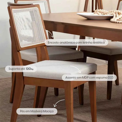 Conjunto de 8 Cadeiras de Madeira Maciça Estofada com Palhinha Saga - Natural c/ Linho Mescla Cru