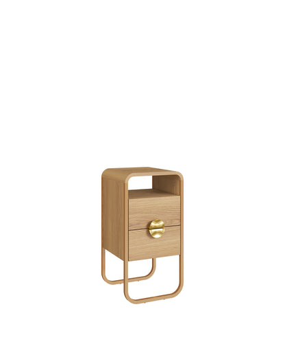 Mesa de Cabeceira 2 Gavetas Pés em Aço Dunna 30 cm - Mel c/ Dourado