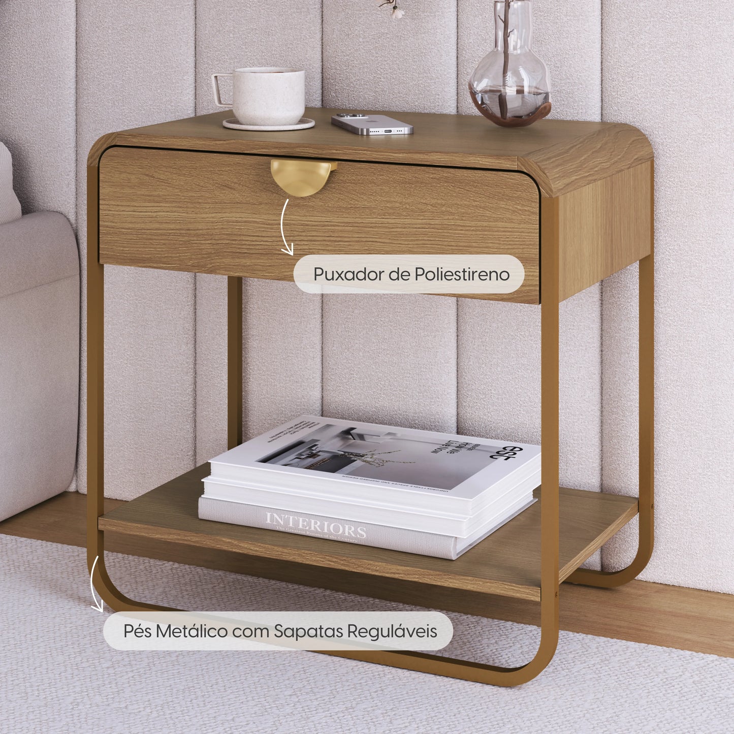 Mesa de Cabeceira com 1 Gaveta Dunna 60 cm - Mel c/ Dourado