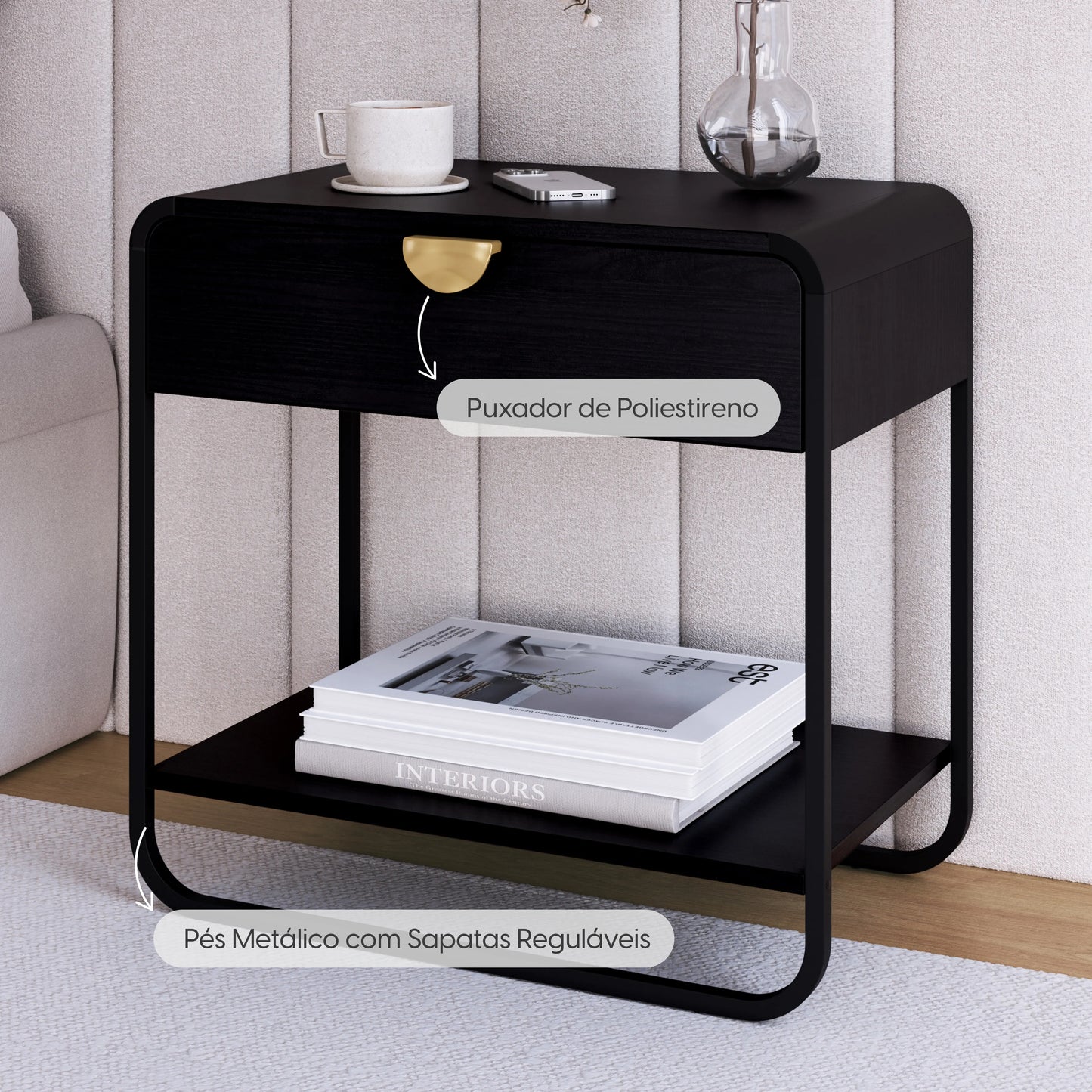 Mesa de Cabeceira com 1 Gaveta Dunna 60 cm - Preto c/ Dourado