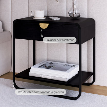 Mesa de Cabeceira com 1 Gaveta Dunna 60 cm - Preto c/ Dourado
