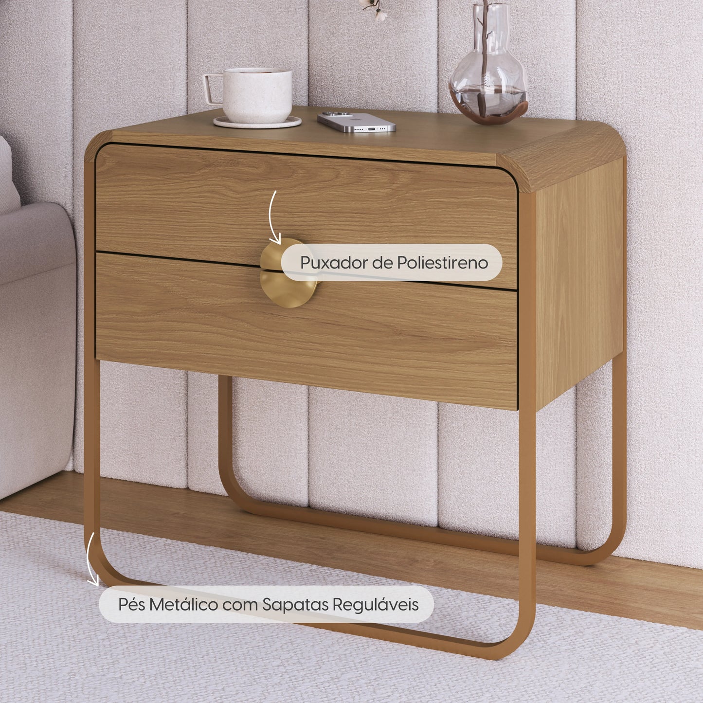 Mesa de Cabeceira com 2 Gavetas Dunna 60 cm - Mel c/ Dourado