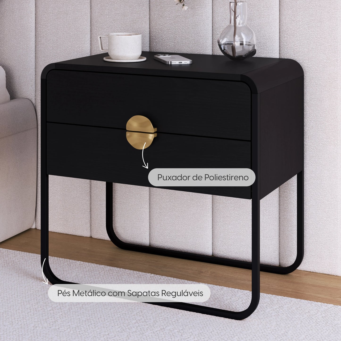 Mesa de Cabeceira com 2 Gavetas Dunna 60 cm - Preto c/ Dourado