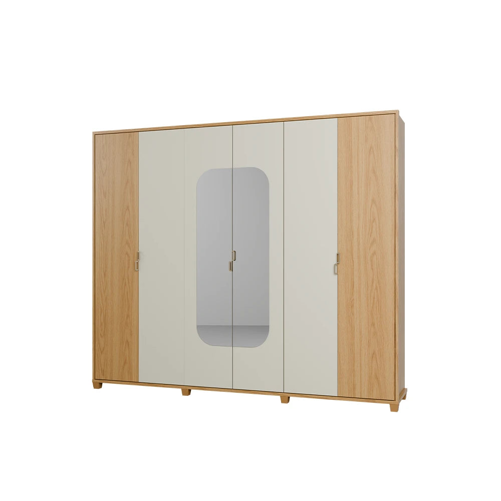 Guarda-Roupa Casal com Espelho 6 Portas 6 Gavetas 100% MDF Dayton 275 cm - Carvalho c/ Off White