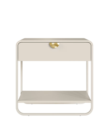 Mesa de Cabeceira 1 Gaveta 1 Prateleira Pés em Aço Dunna 60 cm - Off White c/ Dourado