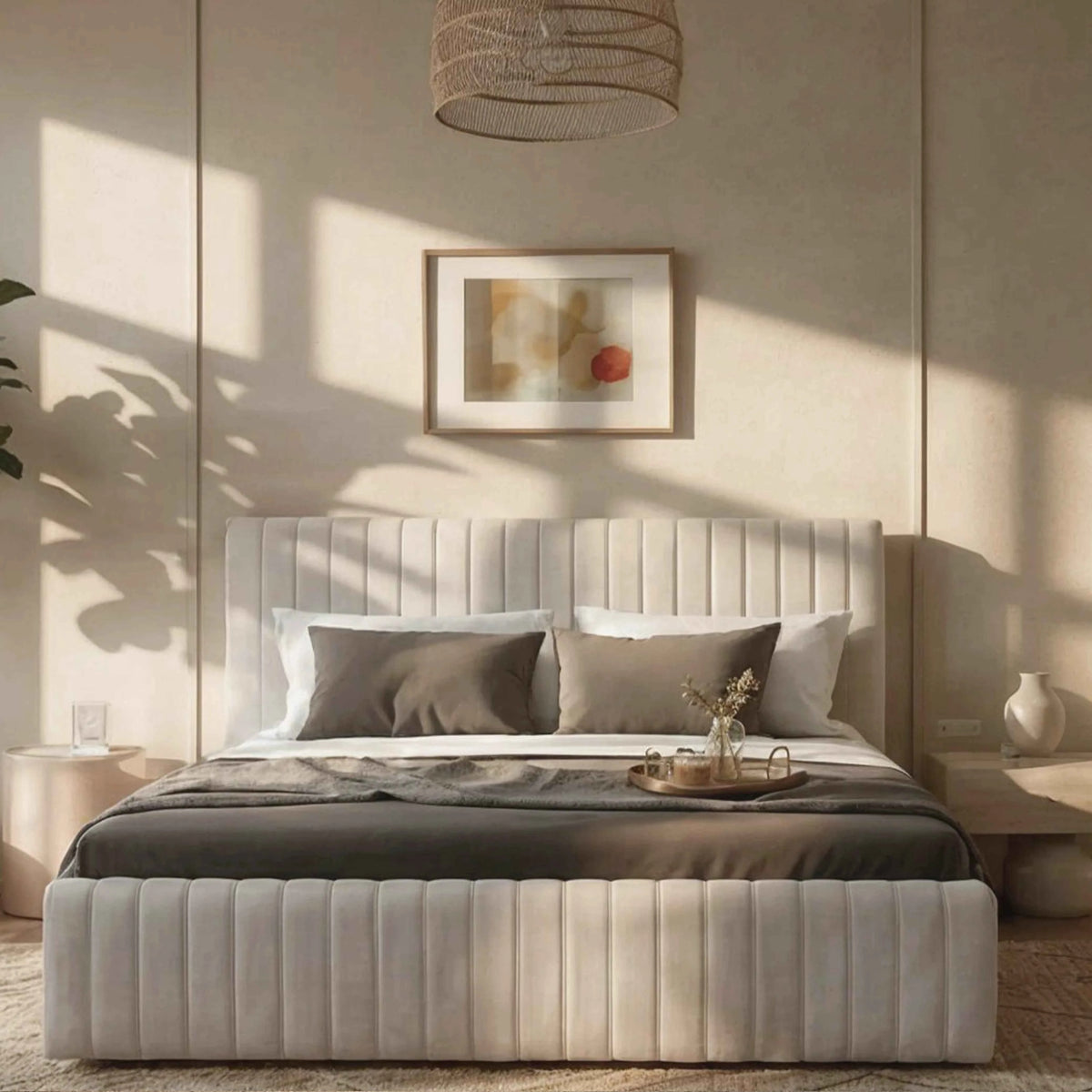 Cama Estofada Queen com Cabeceira Louise - Linho Off White