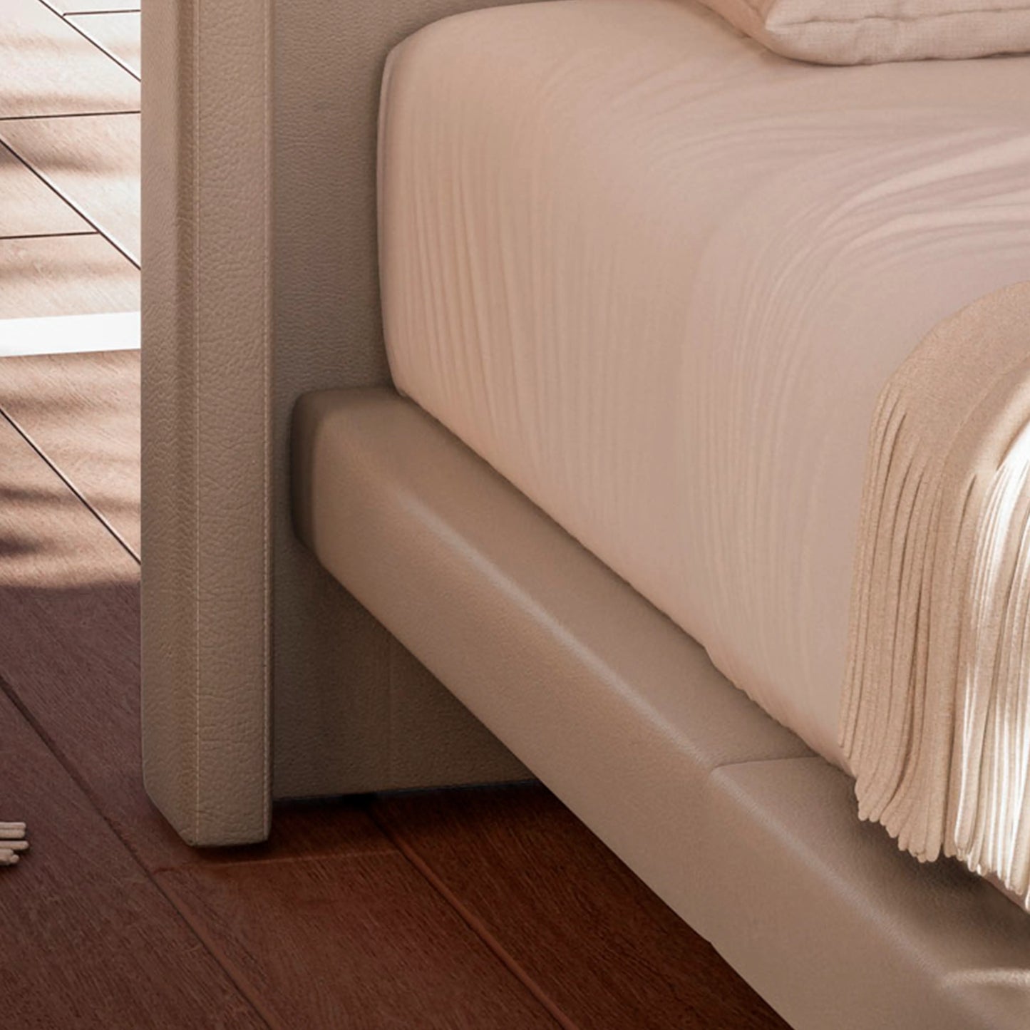 Cama Estofada King Flutuante com Cabeceira Selene - Linho Texturizado Off White c/ PU Fendi